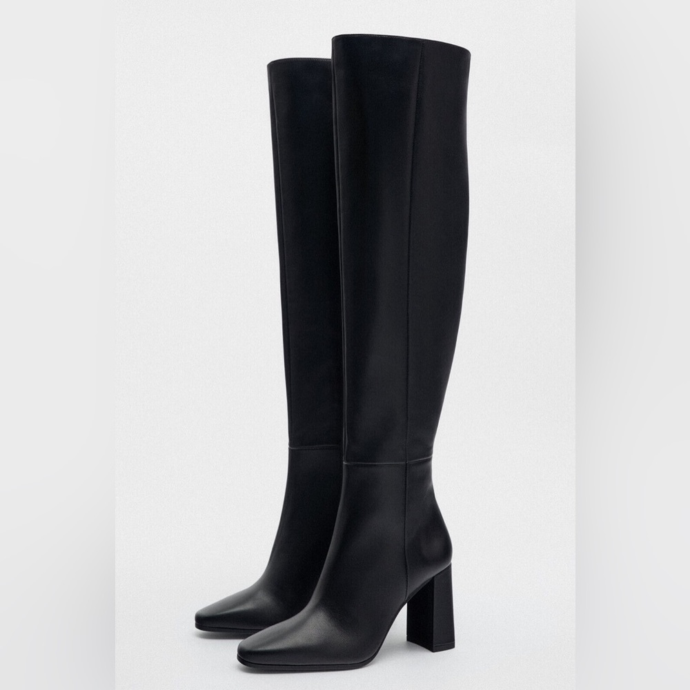 NEW WITH TAGS: LEATHER OVER THE KNEE HEELED LEATHER BOOTS